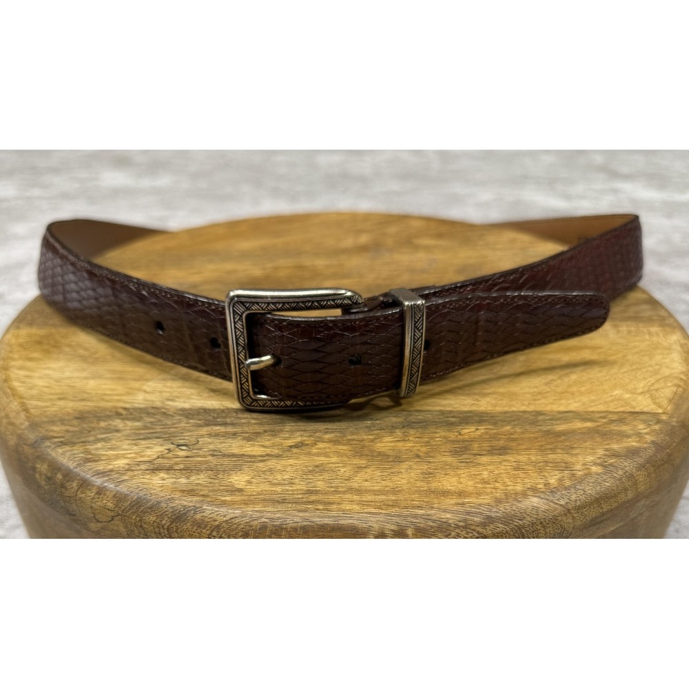 Brighton Belt Womens‎ 38 Brown Leather Western Embossed Reptile Buckle Made USA